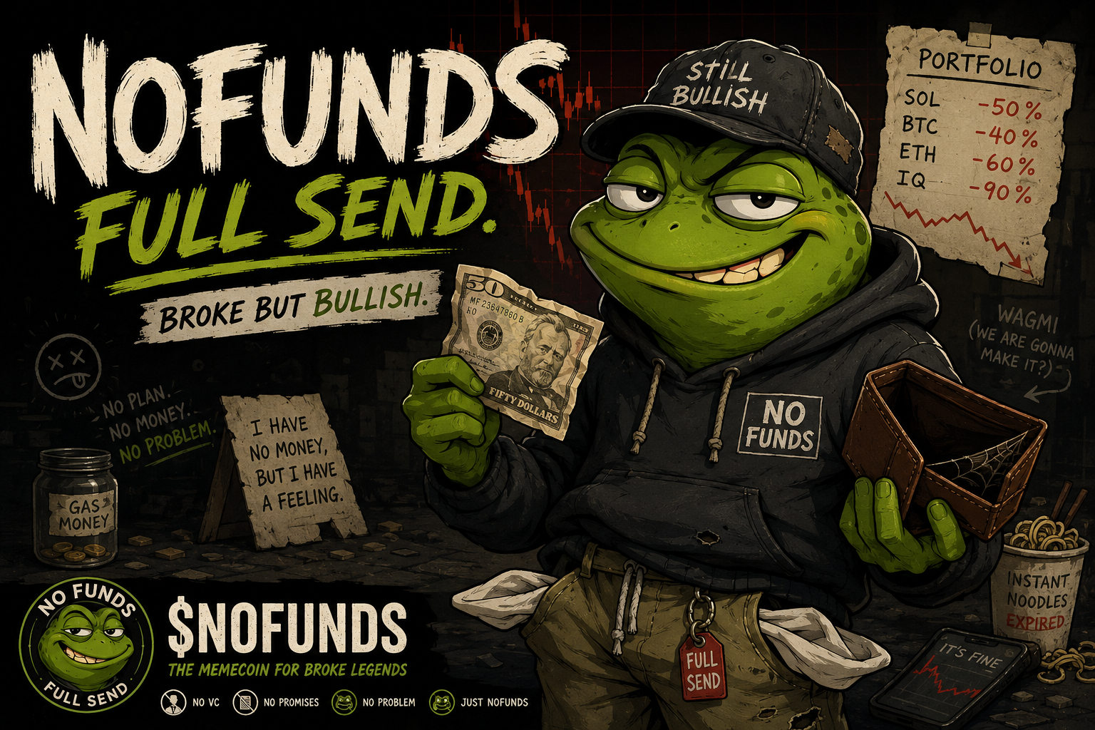 NOFUNDS banner with frog mascot, portfolio losses, and full send theme