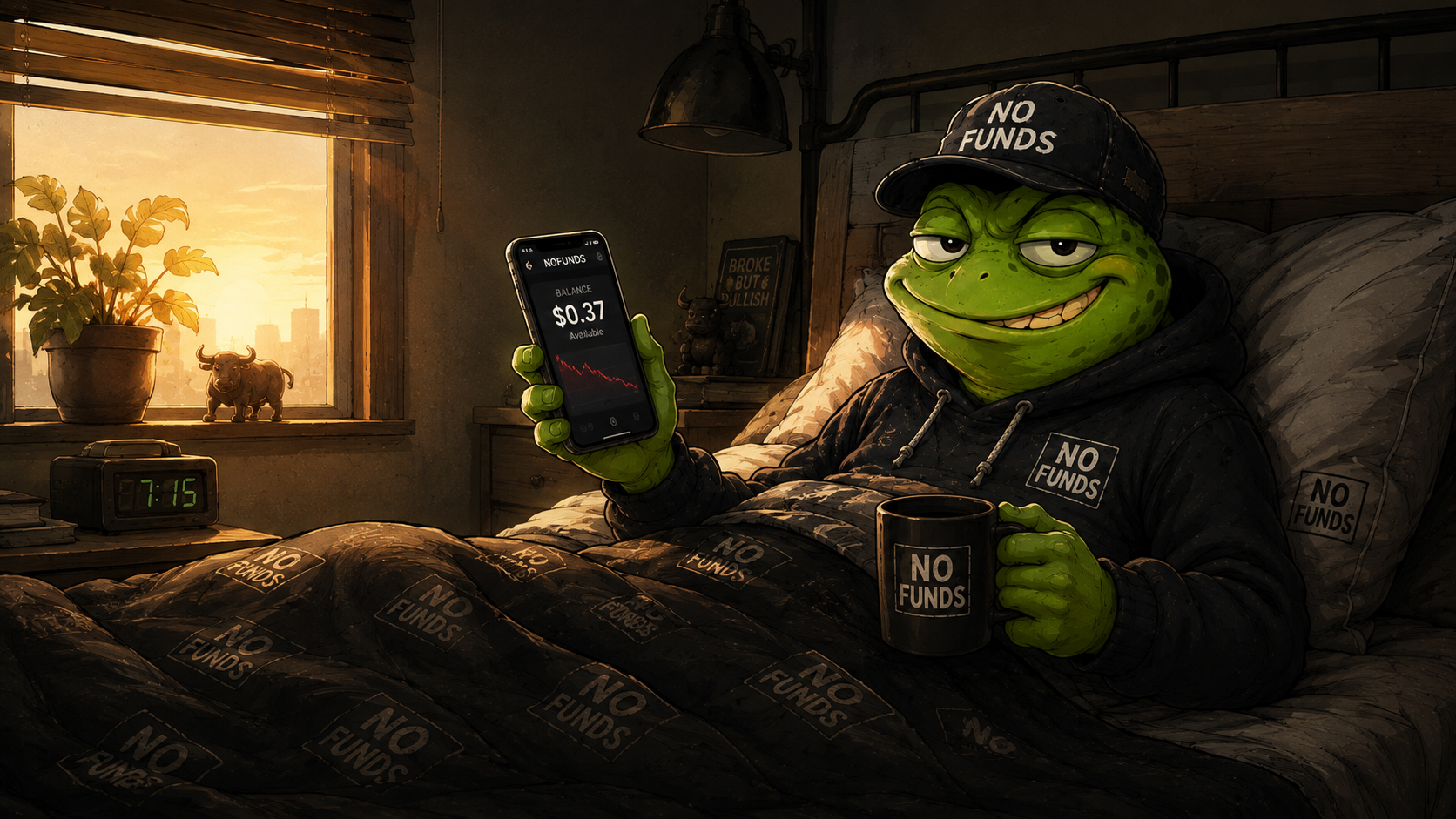 NOFUNDS frog checking a nearly empty crypto wallet in bed