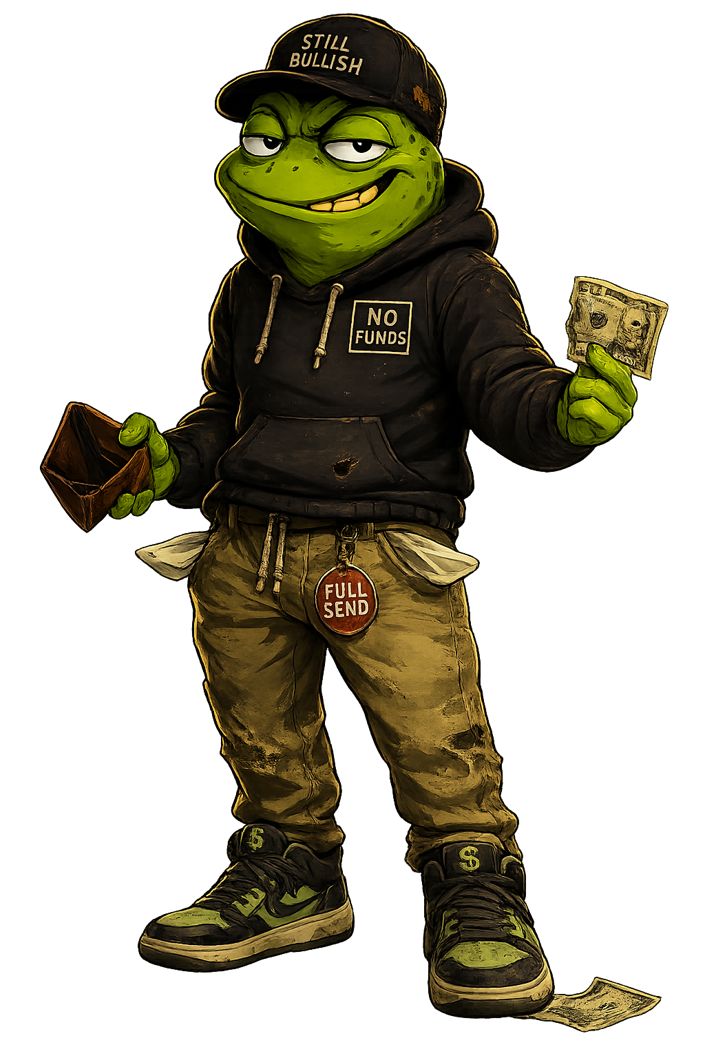 Full body NOFUNDS frog character holding an empty wallet