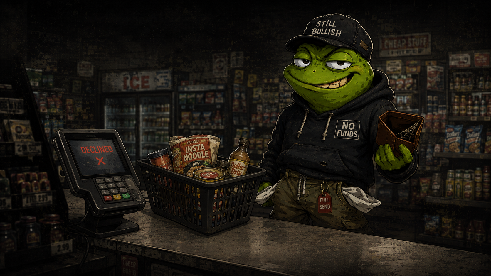 NOFUNDS frog at a store with a declined payment